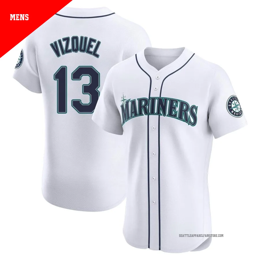 Men's Seattle Mariners ＃13 Omar Vizquel White Elite Home Jersey