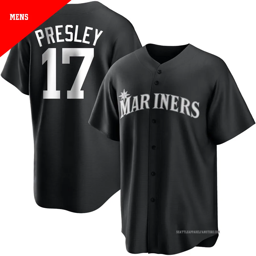 Men's Seattle Mariners ＃17 Jim Presley Black/White Replica Jersey