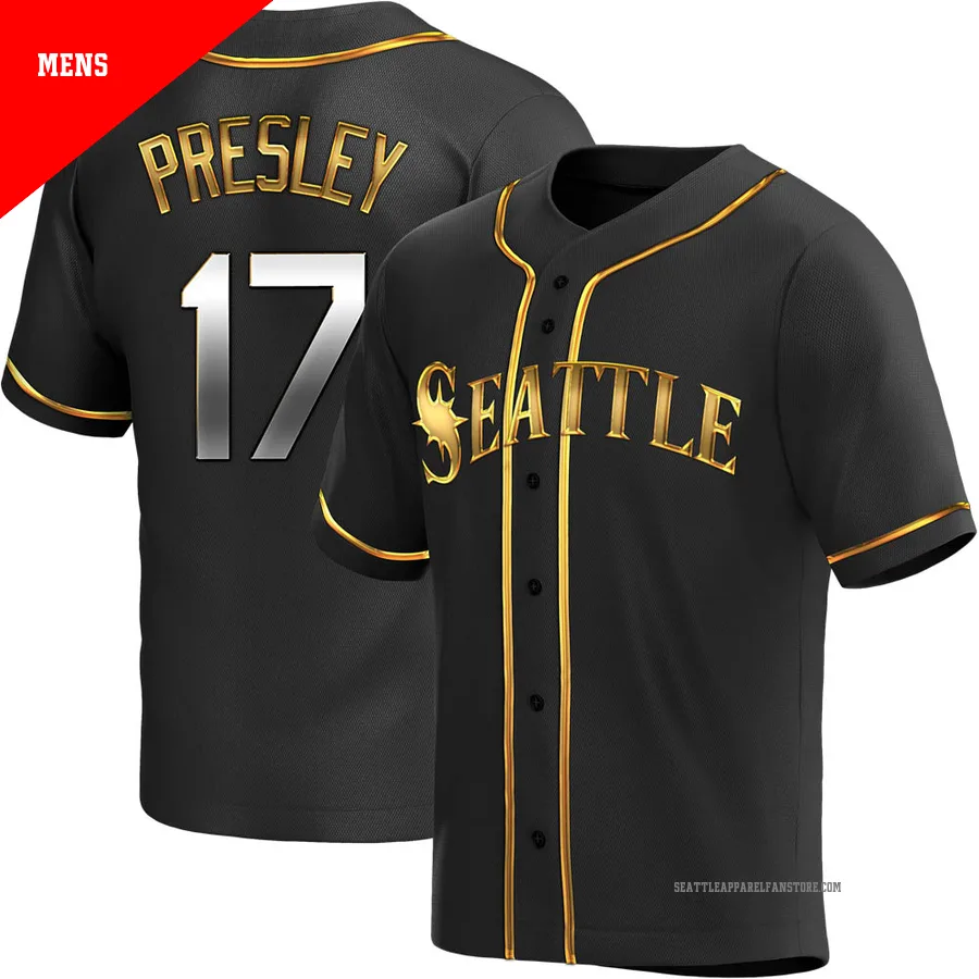 Men's Seattle Mariners ＃17 Jim Presley Gold Replica Black en Alternate Jersey