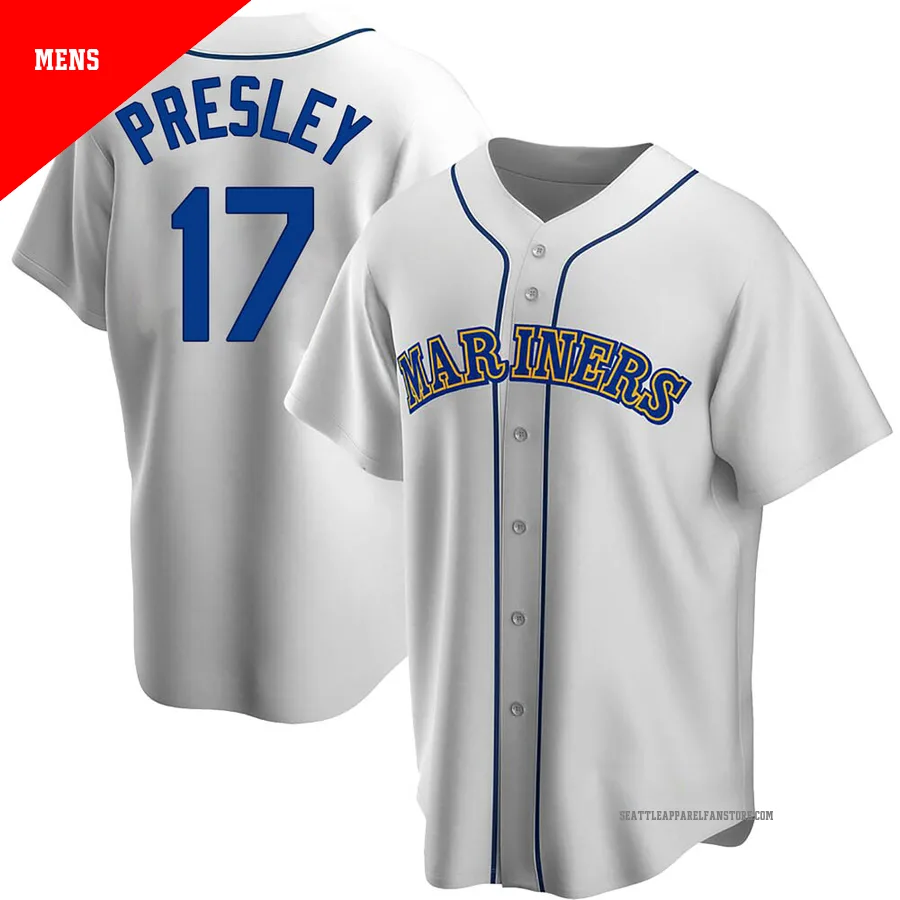 Men's Seattle Mariners ＃17 Jim Presley White Replica Home Cooperstown Collection Jersey