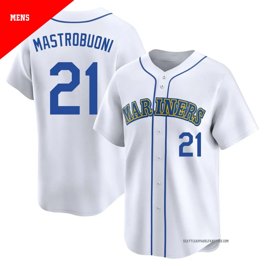 Men's Seattle Mariners ＃21 Miles Mastrobuoni White Limited Throwback Cooperstown Collection Jersey