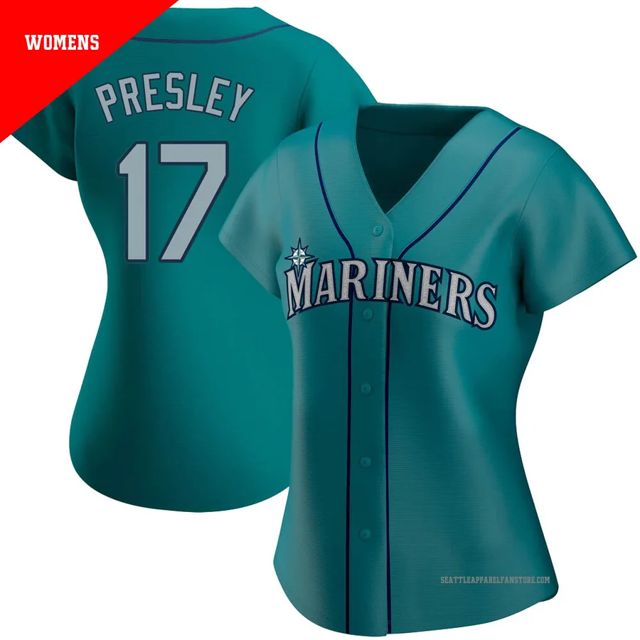 Women's Seattle Mariners ＃17 Jim Presley Aqua Replica Alternate Jersey