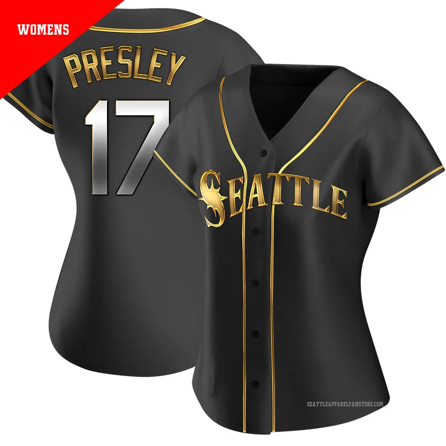Women's Seattle Mariners ＃17 Jim Presley Gold Replica Black en Alternate Jersey