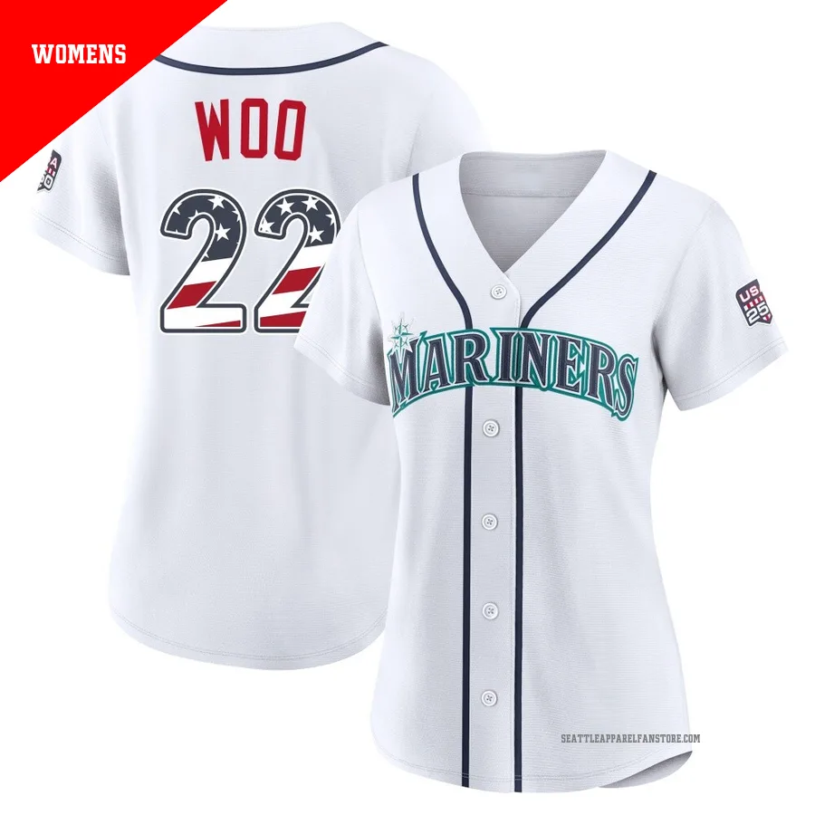 Women's Seattle Mariners ＃22 Bryan Woo White Limited USA 250 Fourth Of July Home Stadium Jersey