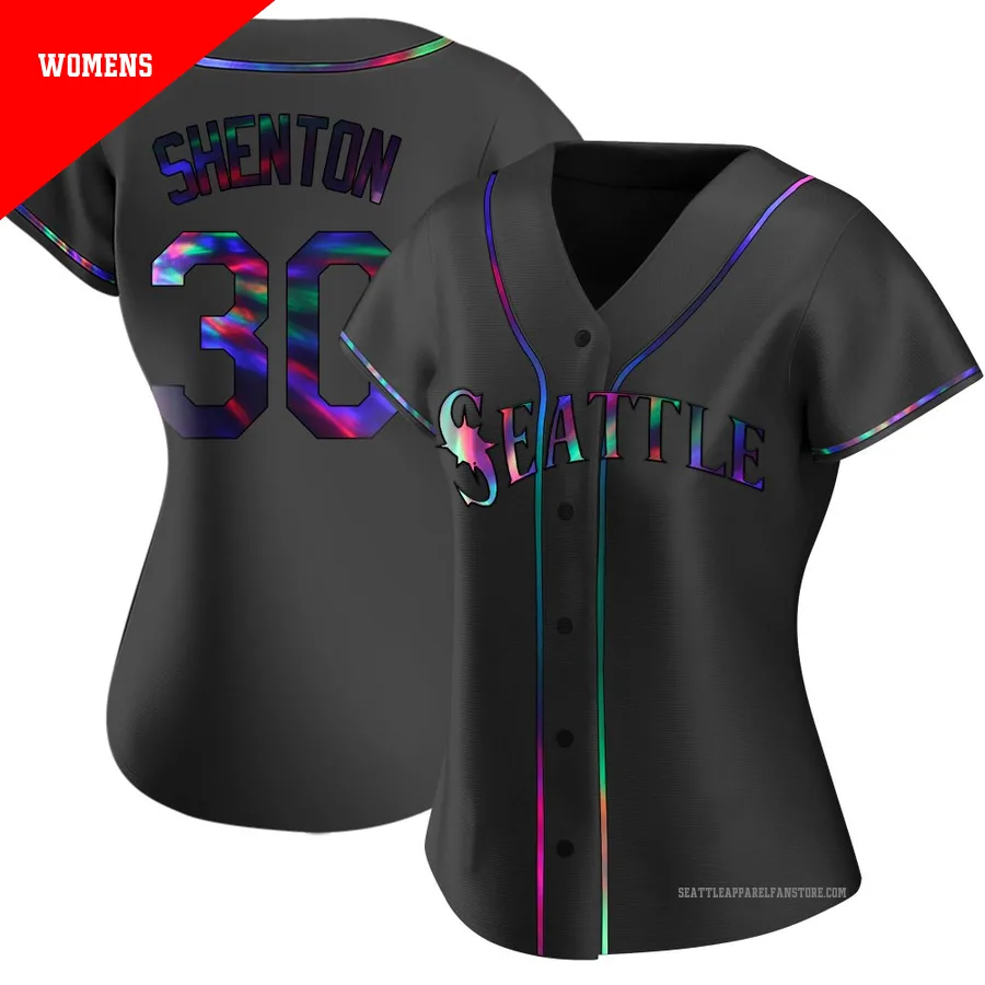 Women's Seattle Mariners ＃30 Austin Shenton Black Replica Holographic Alternate Jersey