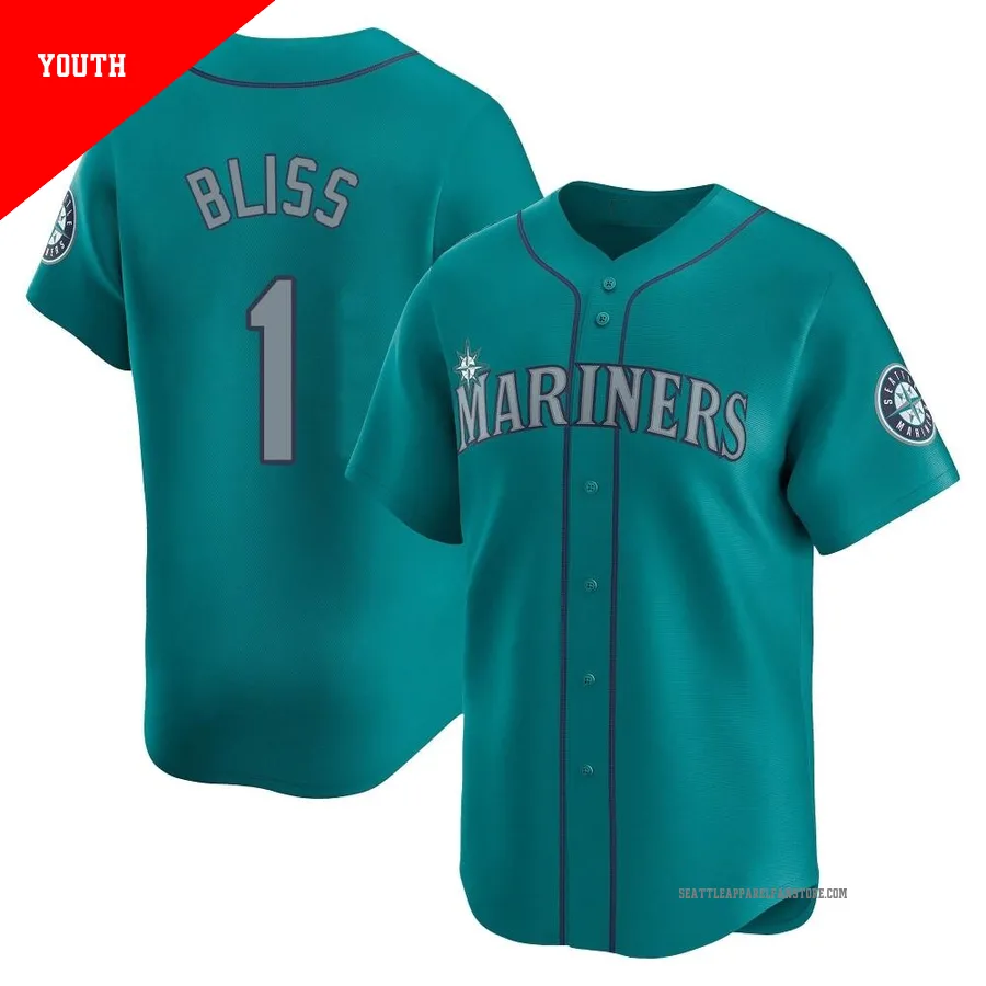 Youth Seattle Mariners ＃1 Ryan Bliss Aqua Limited Alternate Jersey