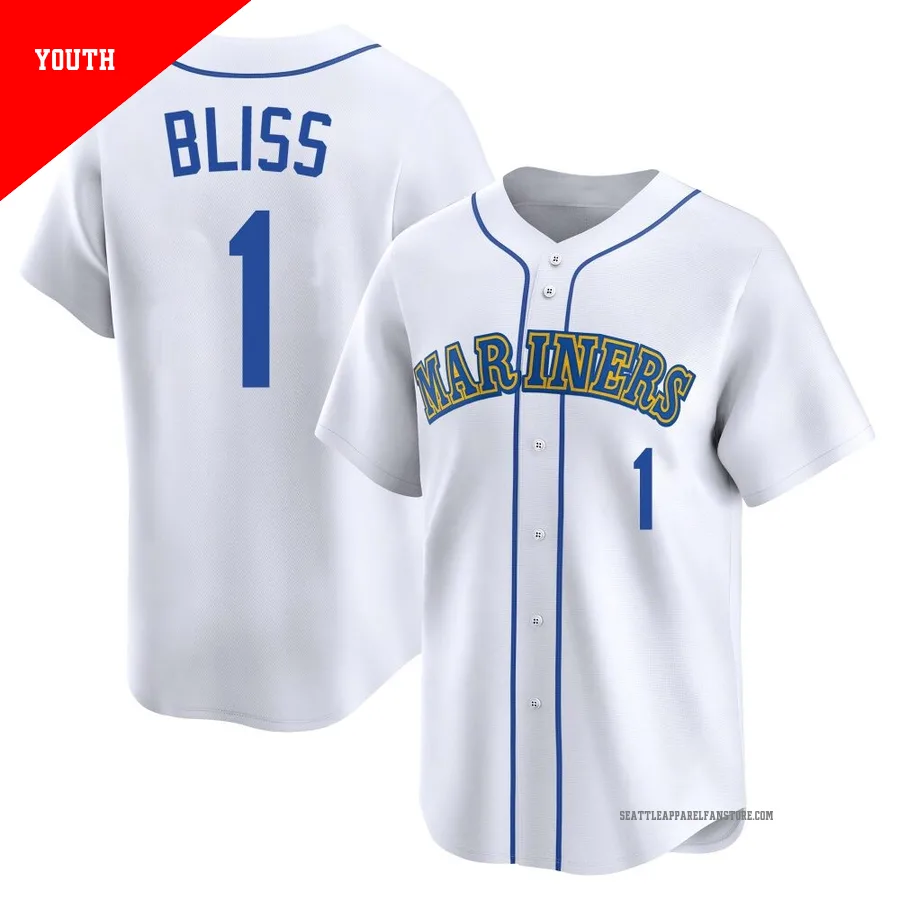 Youth Seattle Mariners ＃1 Ryan Bliss White Limited Throwback Cooperstown Collection Jersey