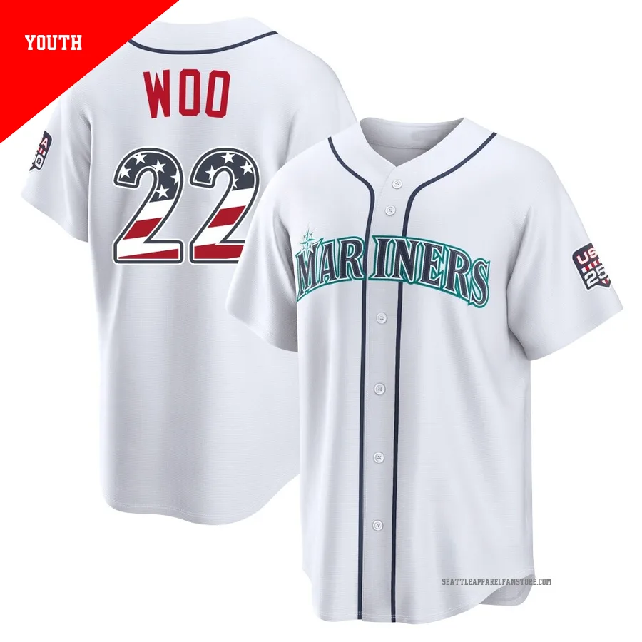Youth Seattle Mariners ＃22 Bryan Woo White Limited USA 250 Fourth Of July Home Stadium Jersey