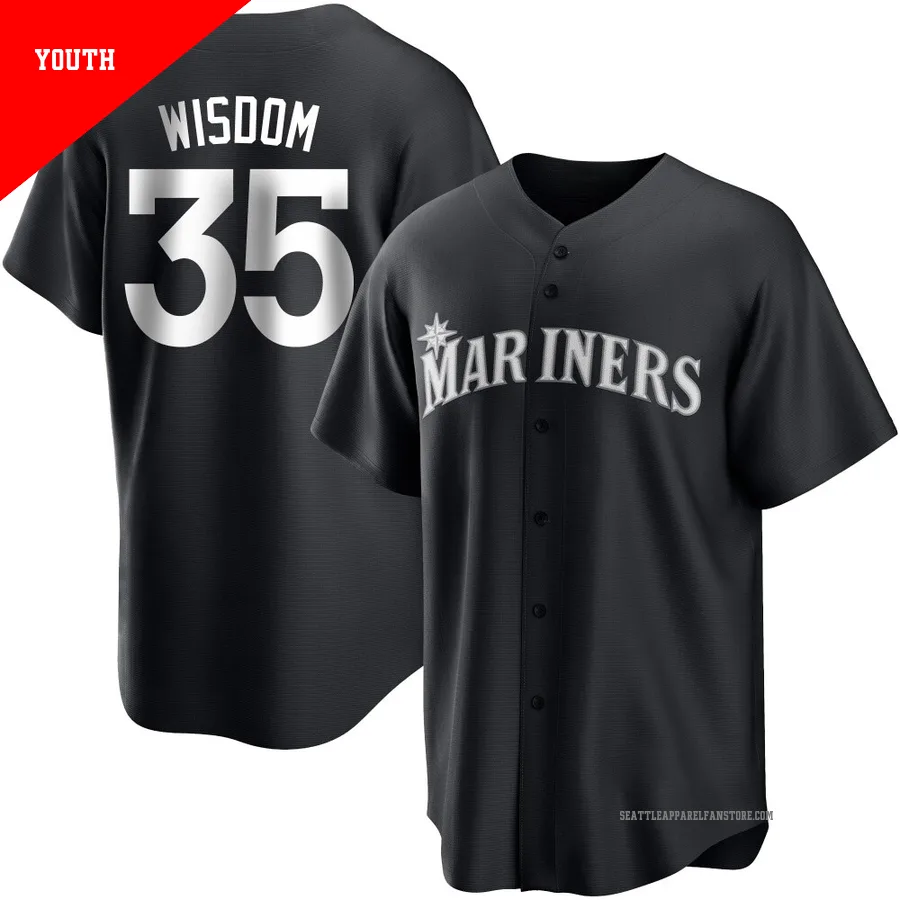 Youth Seattle Mariners ＃35 Patrick Wisdom Black/White Replica Jersey