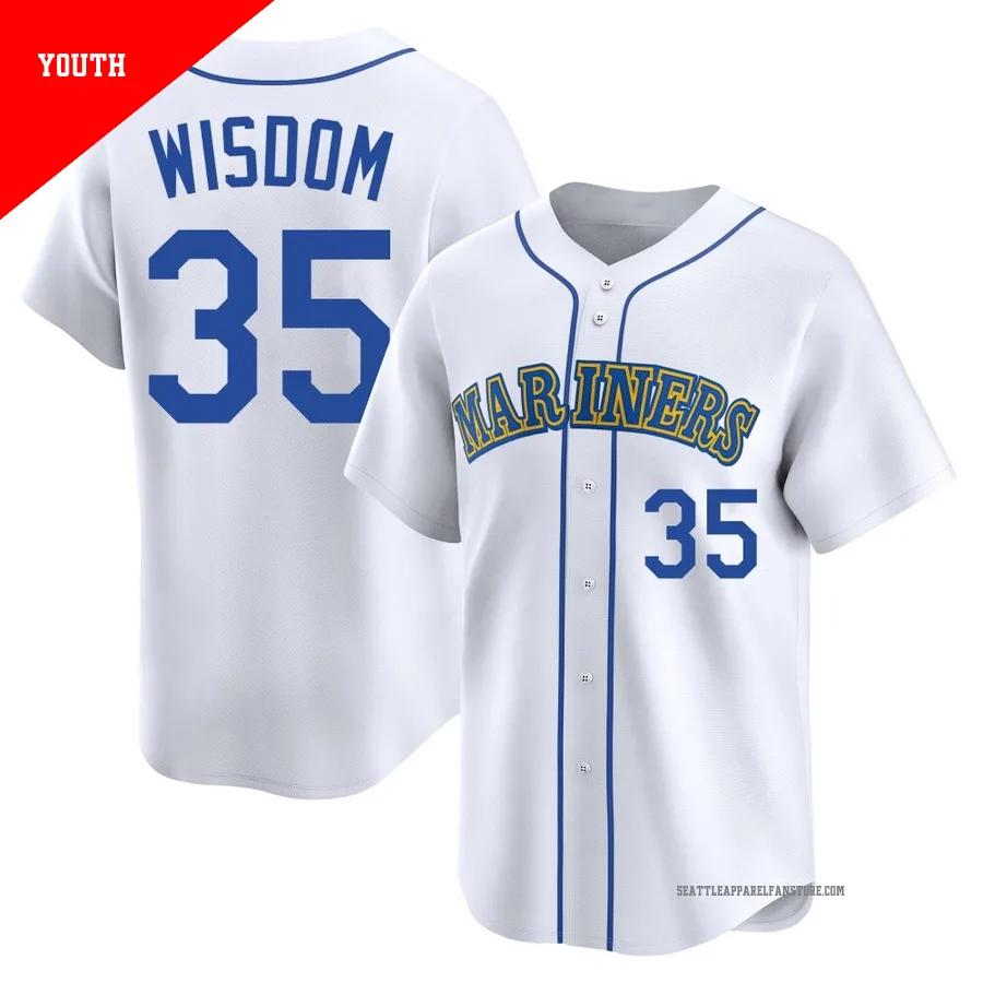Youth Seattle Mariners ＃35 Patrick Wisdom White Limited Throwback Cooperstown Collection Jersey