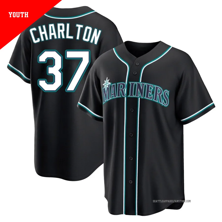 Youth Seattle Mariners ＃37 Norm Charlton Black Replica Fashion Out Jersey