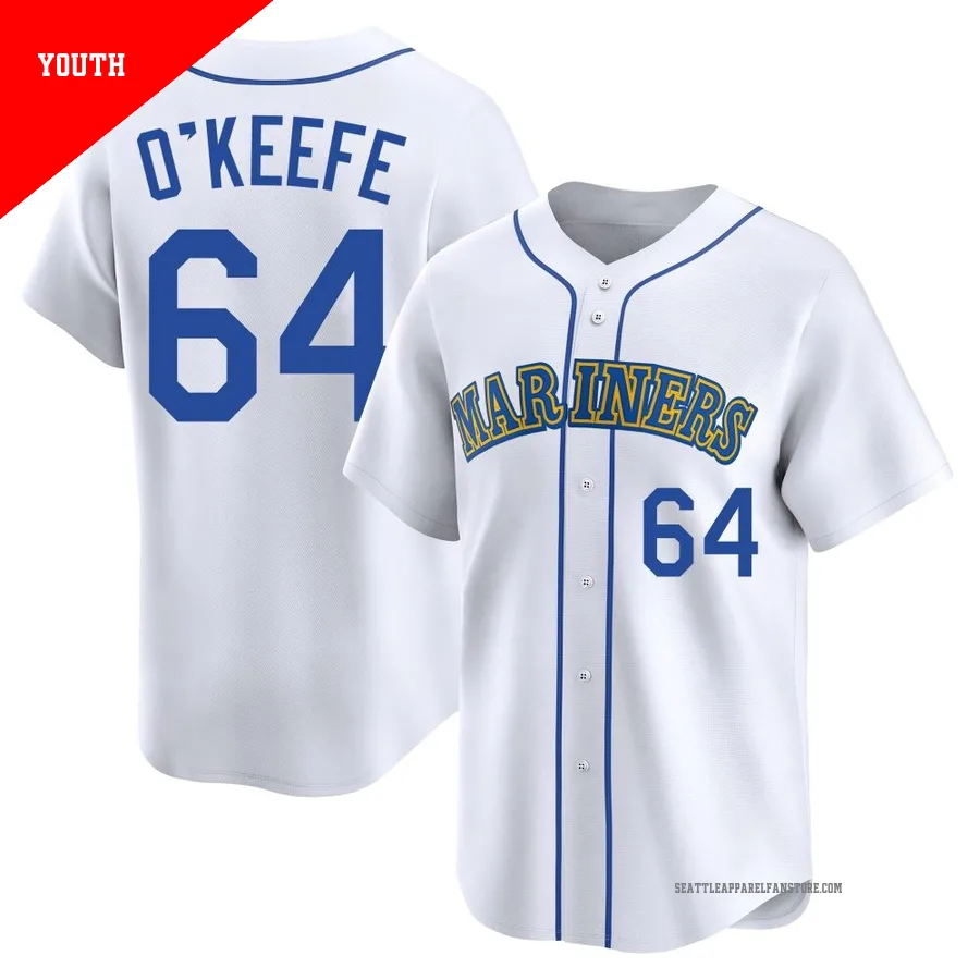 Youth Seattle Mariners ＃64 Brian O'Keefe White Limited Throwback Cooperstown Collection Jersey