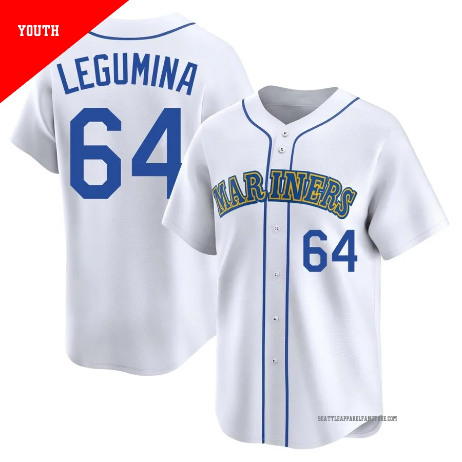 Youth Seattle Mariners ＃64 Casey Legumina White Limited Throwback Cooperstown Collection Jersey
